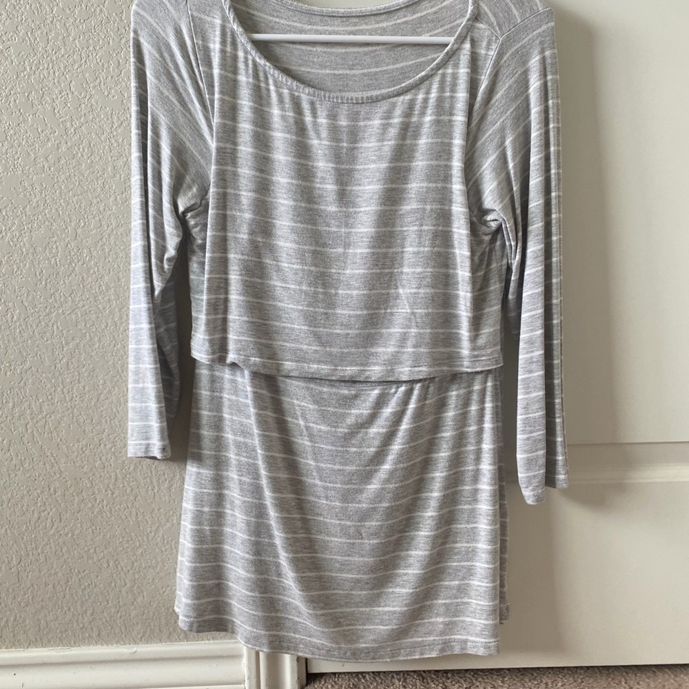 Gray Striped Long Sleeve Maternity/Nursing Top